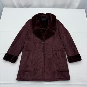 Banana Republic Vegan Shearling Lined Coat Women XS Faux Fur Suede Bordeaux Kiss